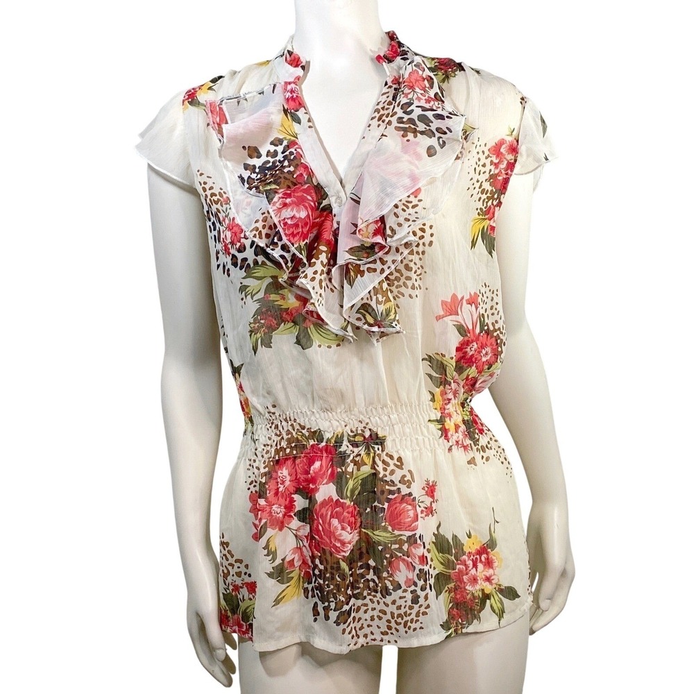 Xhilaration Floral Leopard Ruffle Peplum Blouse Sheer Cap Sleeve V-Neck Large
